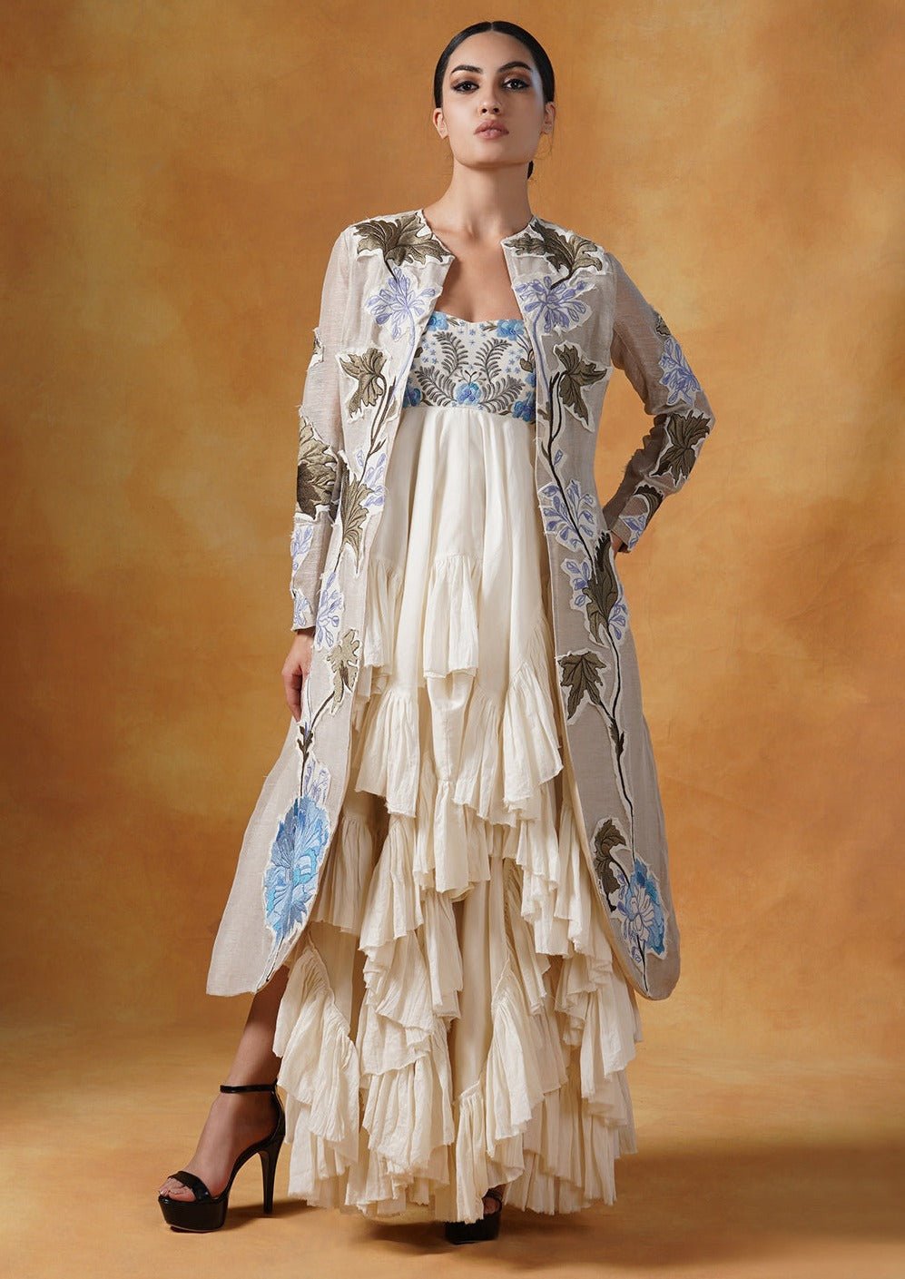A ruffle, asymmetric cotton tube dress with embroidered jacket - samantchauhan Apparel & Accessories