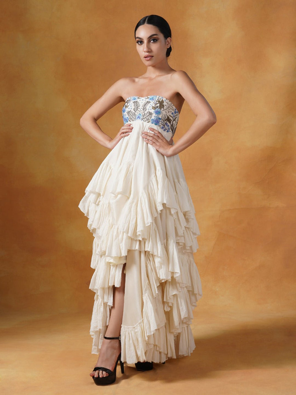A ruffle, asymmetric cotton tube dress with embroidered jacket - samantchauhan Apparel & Accessories