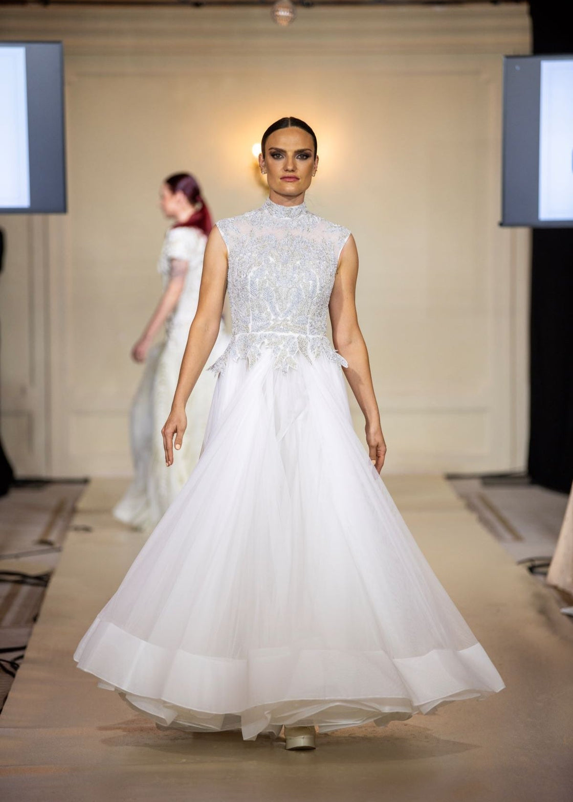 A sleeveless gown features a high - neck embroidered bodice - samantchauhan Apparel & Accessories