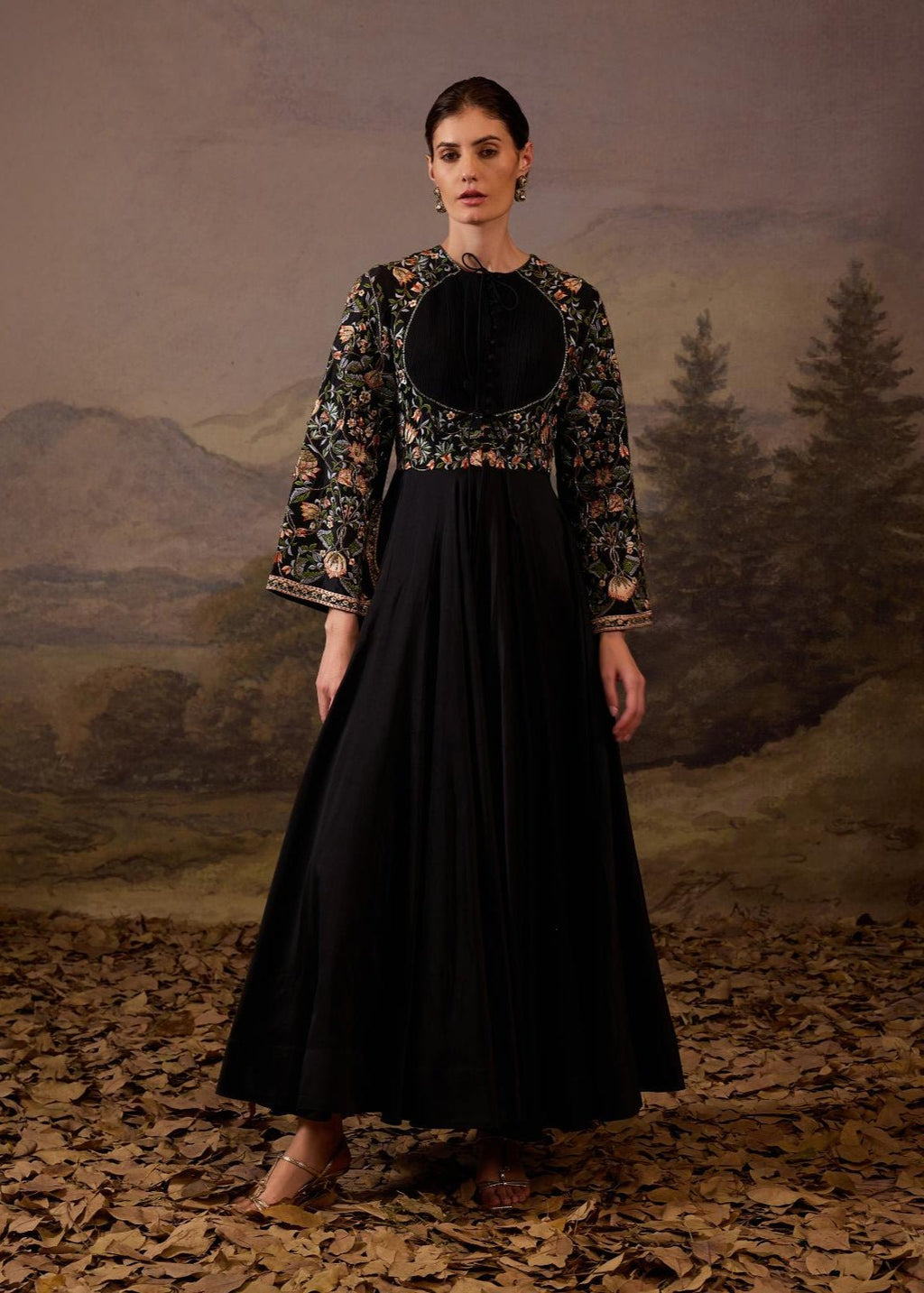 A sophisticated black gown with colorful floral embroidery - samantchauhan Apparel & Accessories