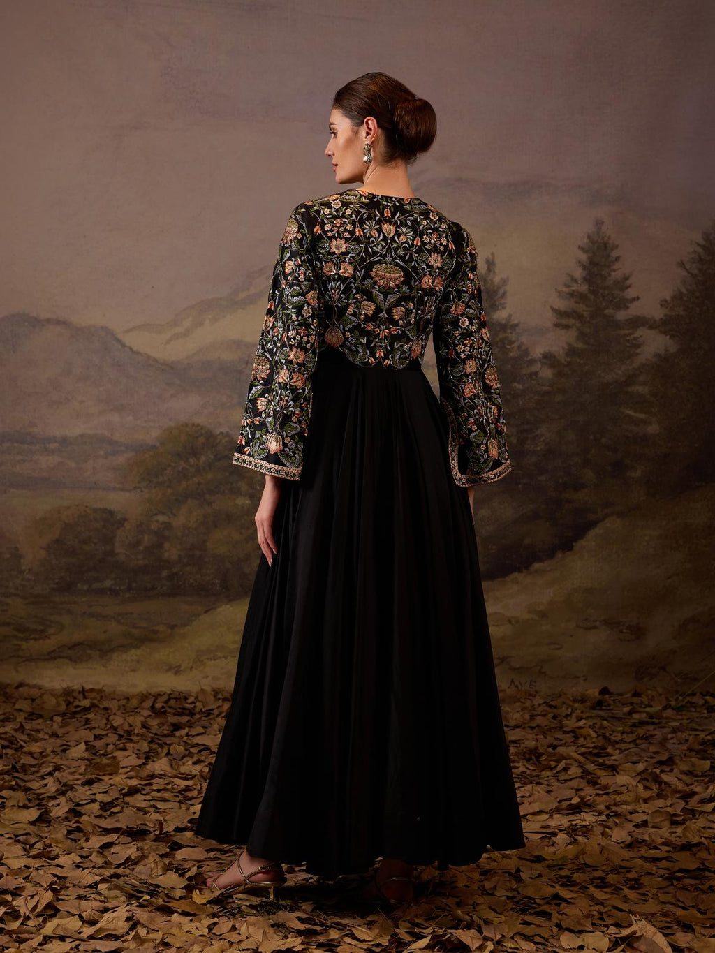 A sophisticated black gown with colorful floral embroidery - samantchauhan Apparel & Accessories