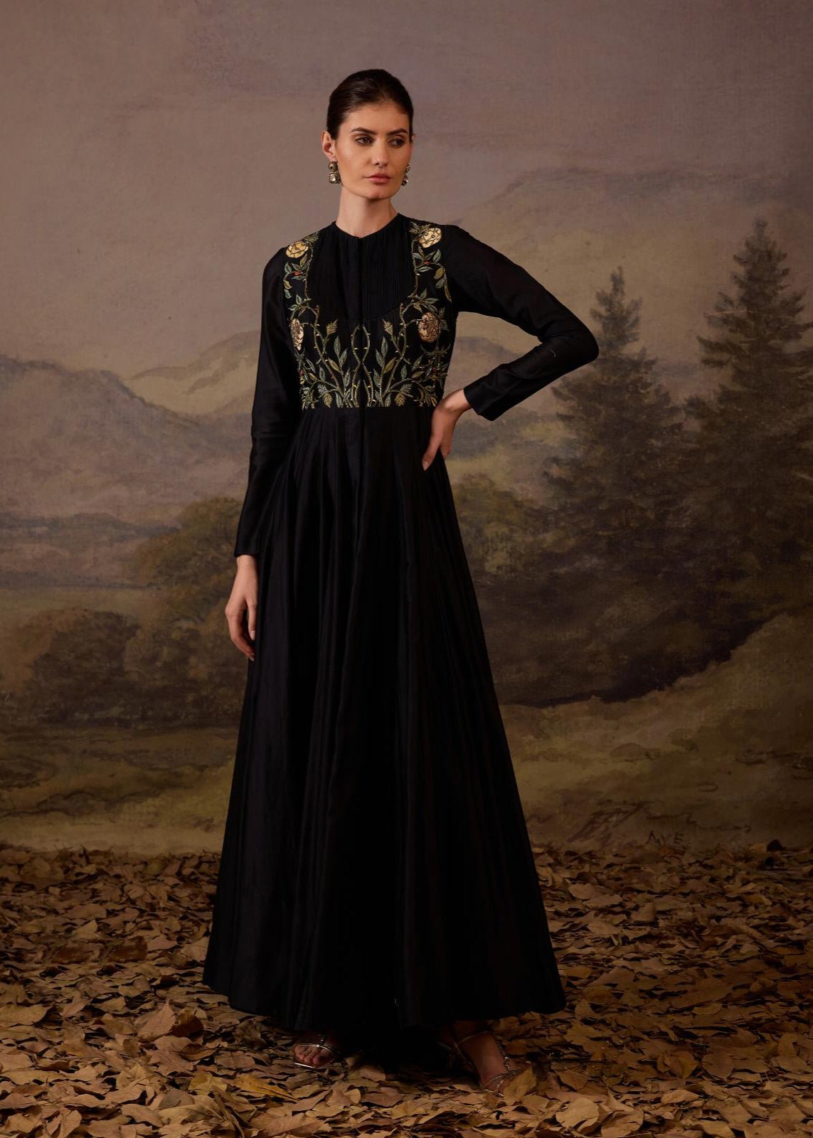 A sophisticated long black dress showcasing subtle floral embroidery - samantchauhan Apparel & Accessories