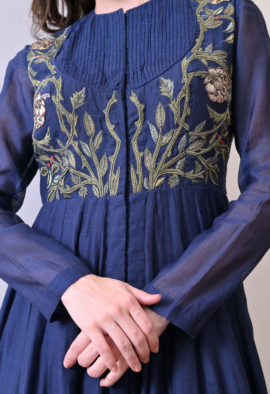 A sophisticated long blue dress showcasing subtle floral embroidery - samantchauhan Apparel & Accessories