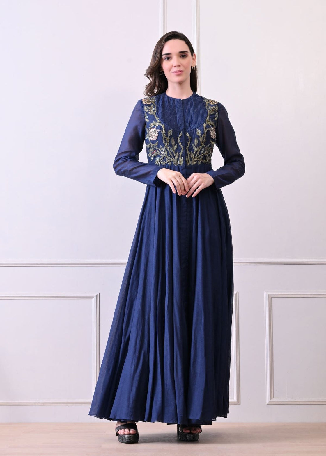A sophisticated long blue dress showcasing subtle floral embroidery - samantchauhan Apparel & Accessories