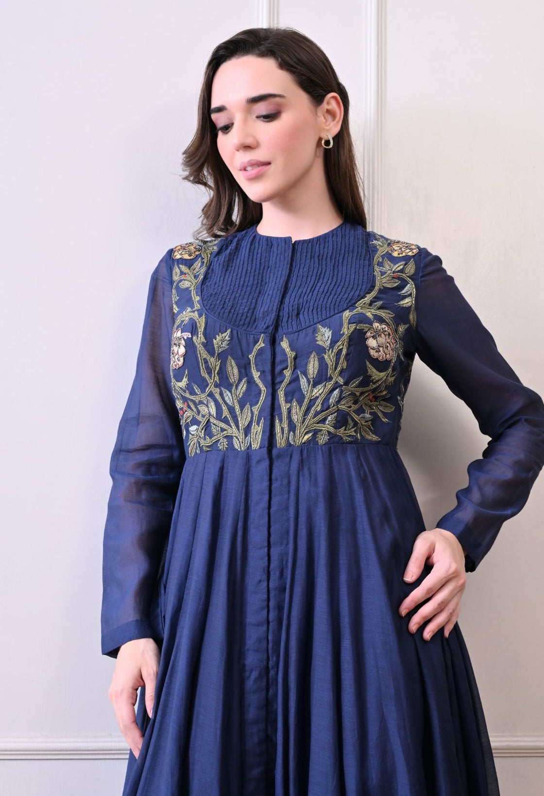 A sophisticated long blue dress showcasing subtle floral embroidery - samantchauhan Apparel & Accessories