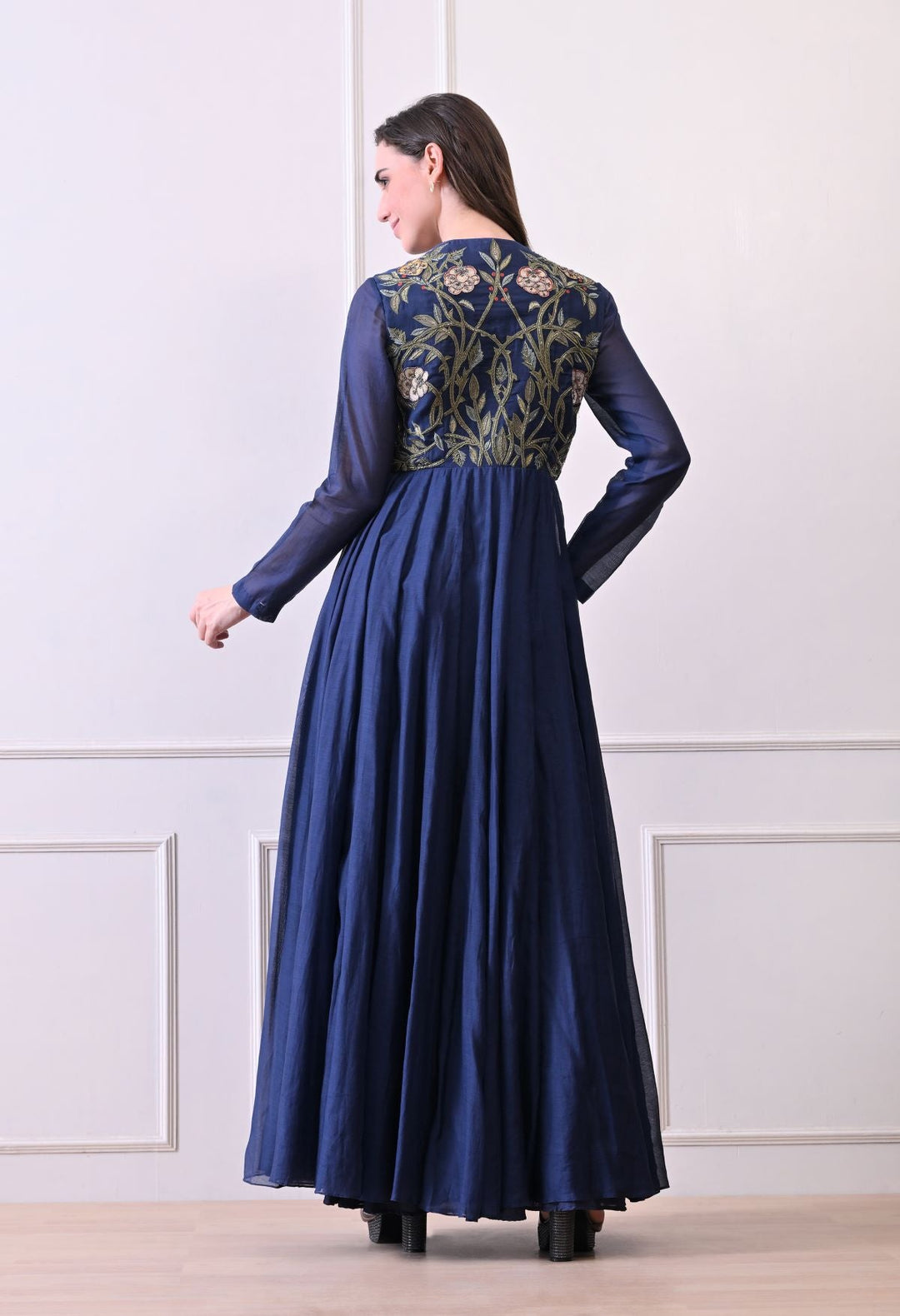 A sophisticated long blue dress showcasing subtle floral embroidery - samantchauhan Apparel &amp; Accessories