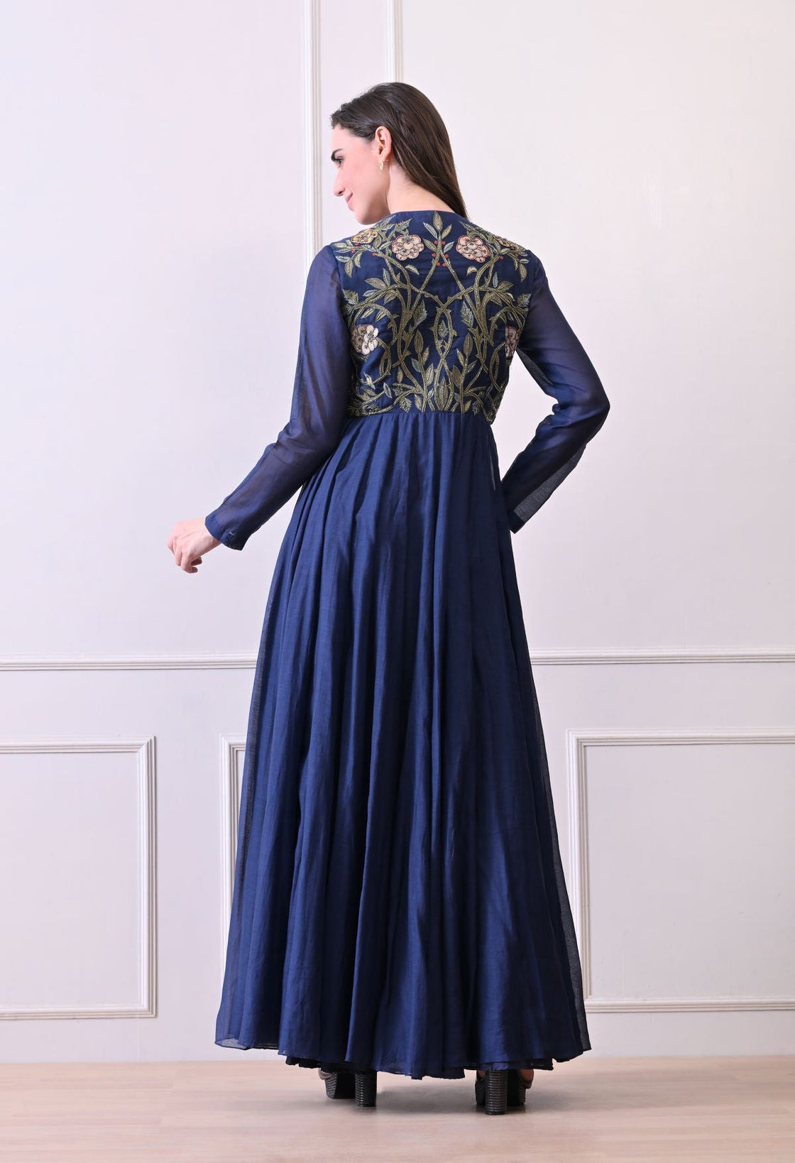 A sophisticated long blue dress showcasing subtle floral embroidery - samantchauhan Apparel & Accessories