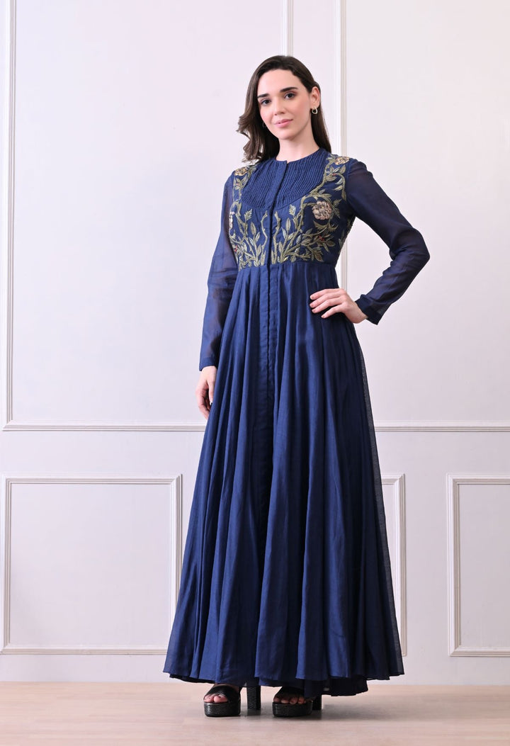 A sophisticated long blue dress showcasing subtle floral embroidery - samantchauhan Apparel &amp; Accessories