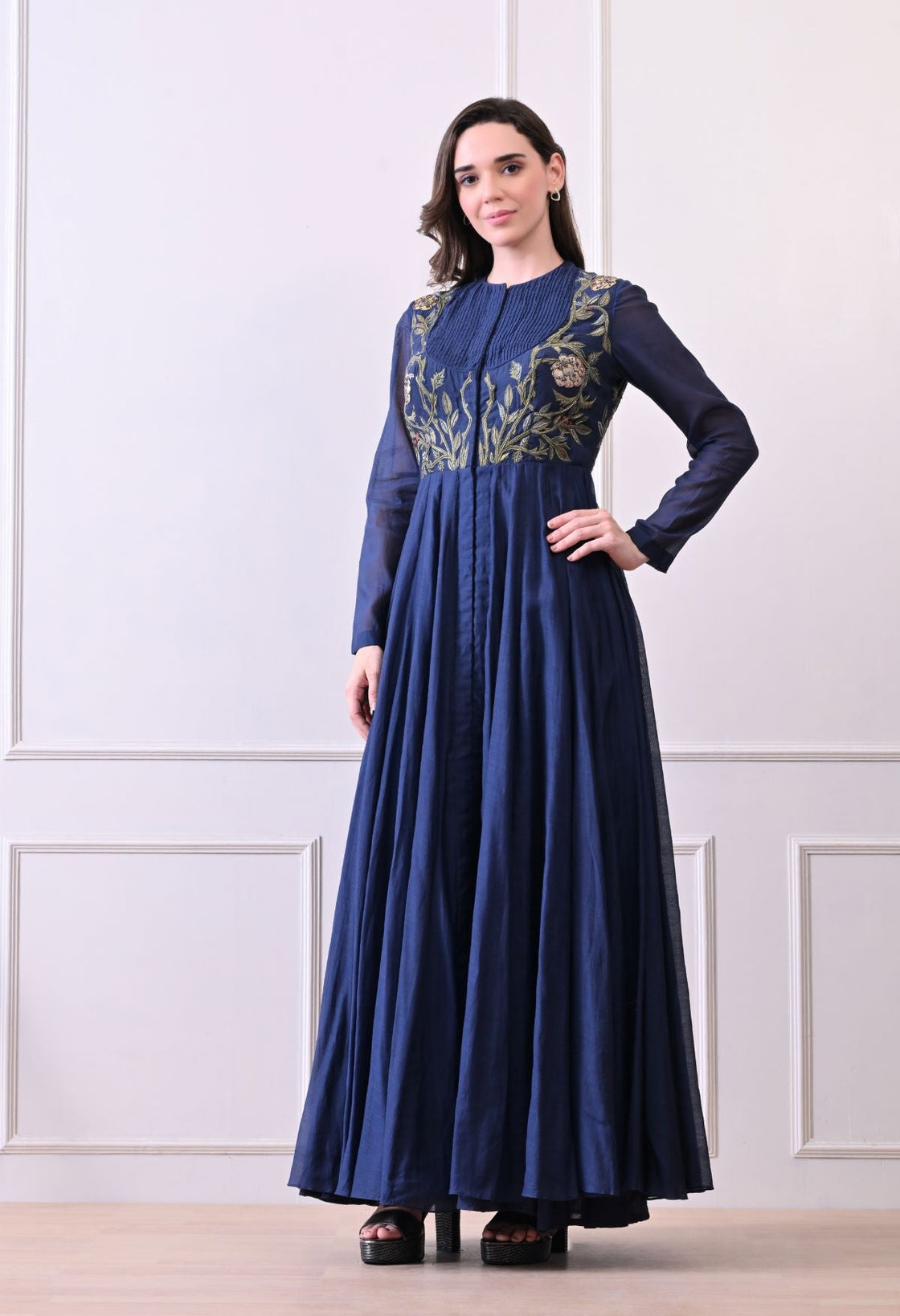 A sophisticated long blue dress showcasing subtle floral embroidery - samantchauhan Apparel & Accessories