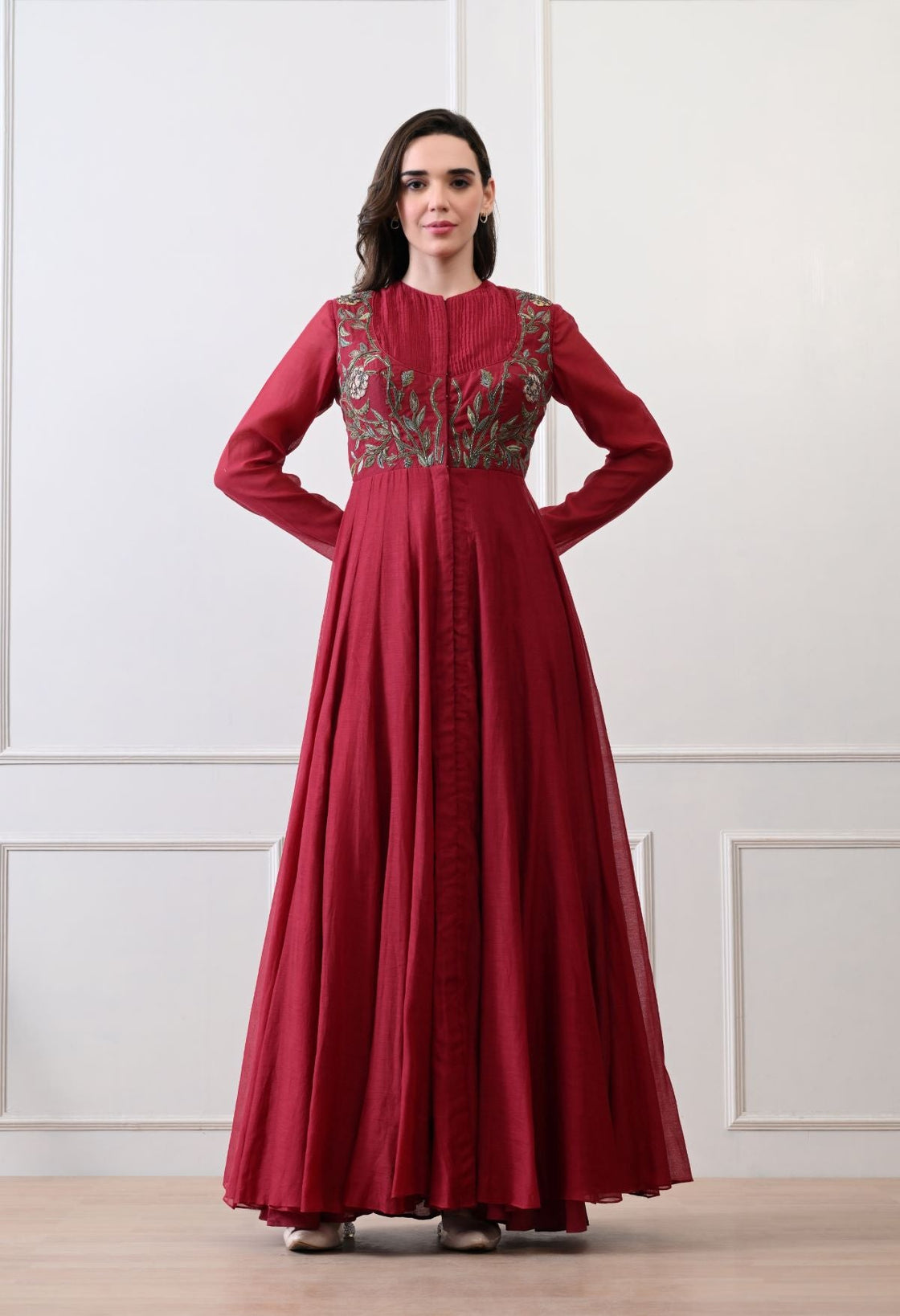 A sophisticated long Maroon dress showcasing subtle floral embroidery - samantchauhan Apparel & Accessories