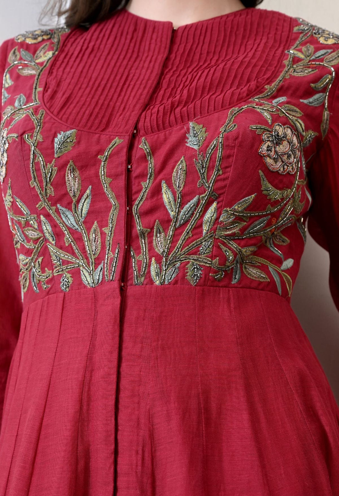 A sophisticated long Maroon dress showcasing subtle floral embroidery - samantchauhan Apparel & Accessories