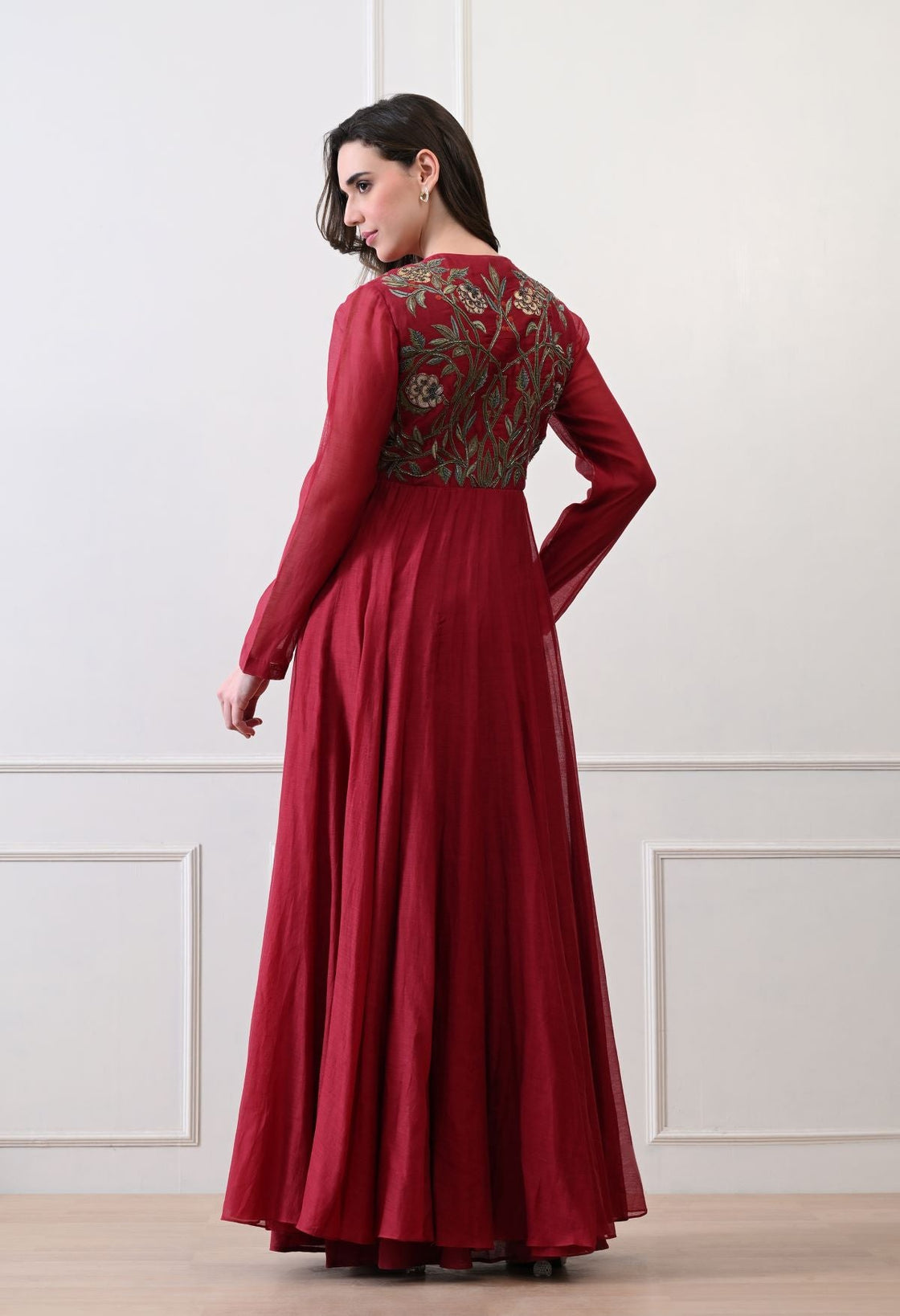 A sophisticated long Maroon dress showcasing subtle floral embroidery - samantchauhan Apparel & Accessories