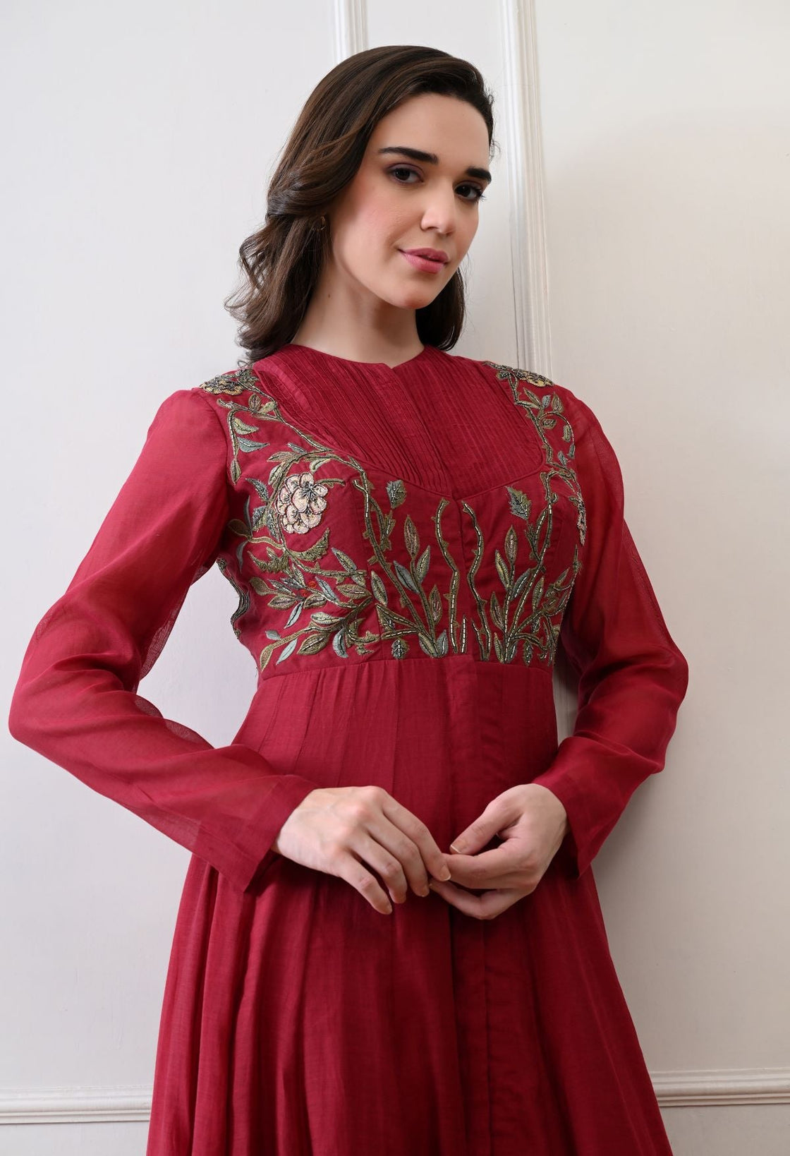 A sophisticated long Maroon dress showcasing subtle floral embroidery - samantchauhan Apparel & Accessories