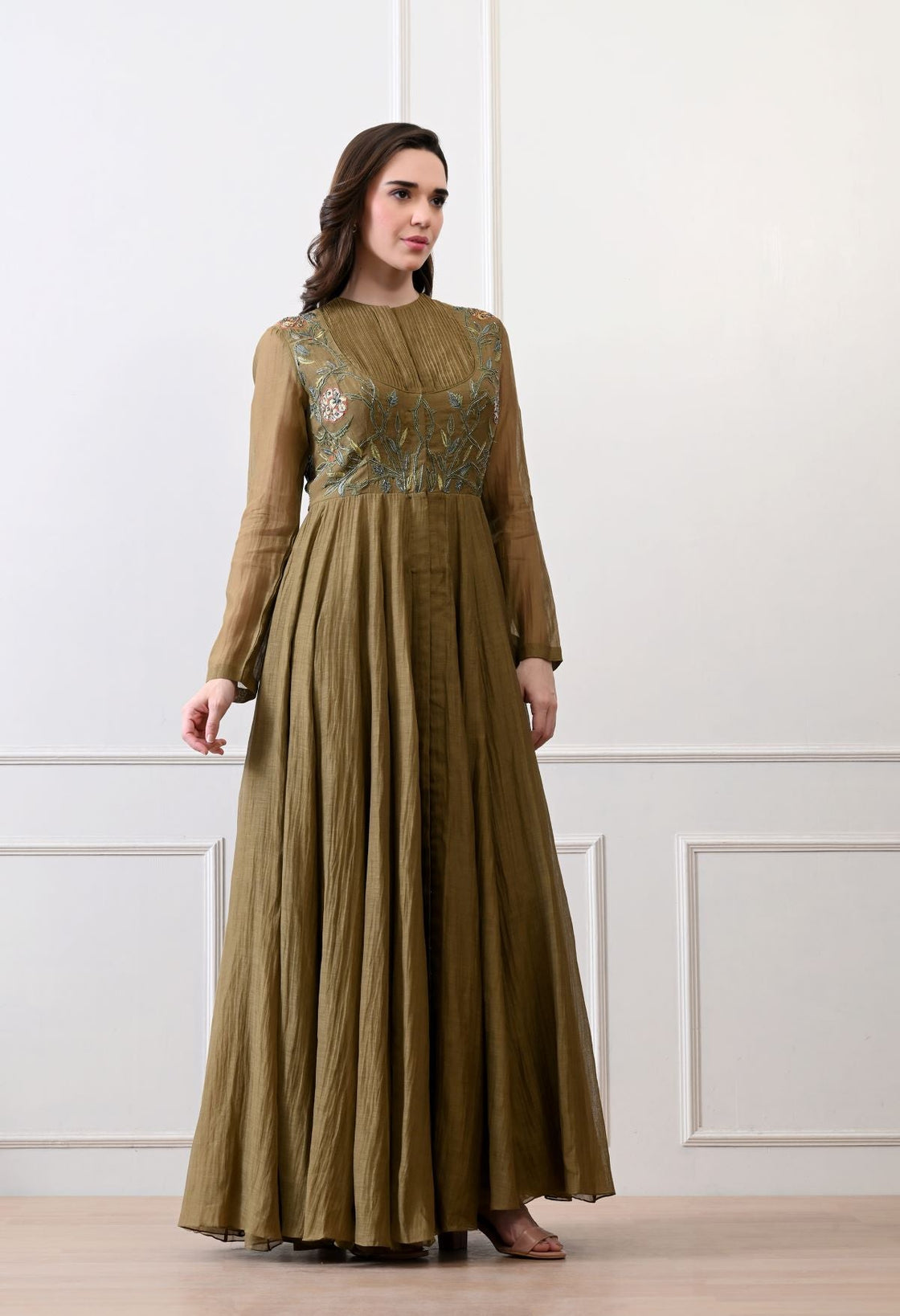 A sophisticated long olive dress showcasing subtle floral embroidery - samantchauhan Apparel & Accessories