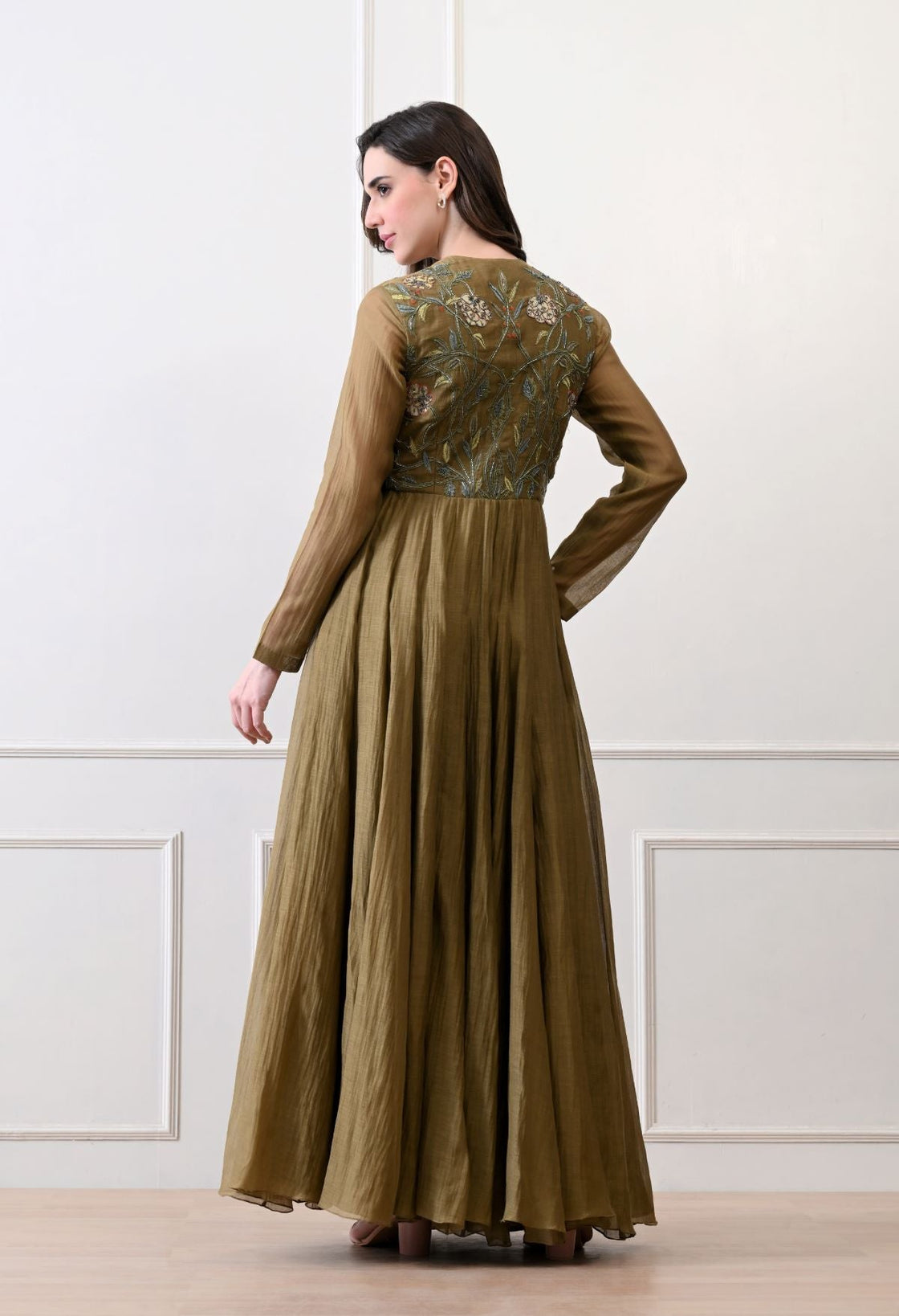A sophisticated long olive dress showcasing subtle floral embroidery - samantchauhan Apparel & Accessories