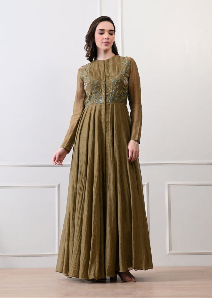 A sophisticated long olive dress showcasing subtle floral embroidery - samantchauhan Apparel &amp; Accessories