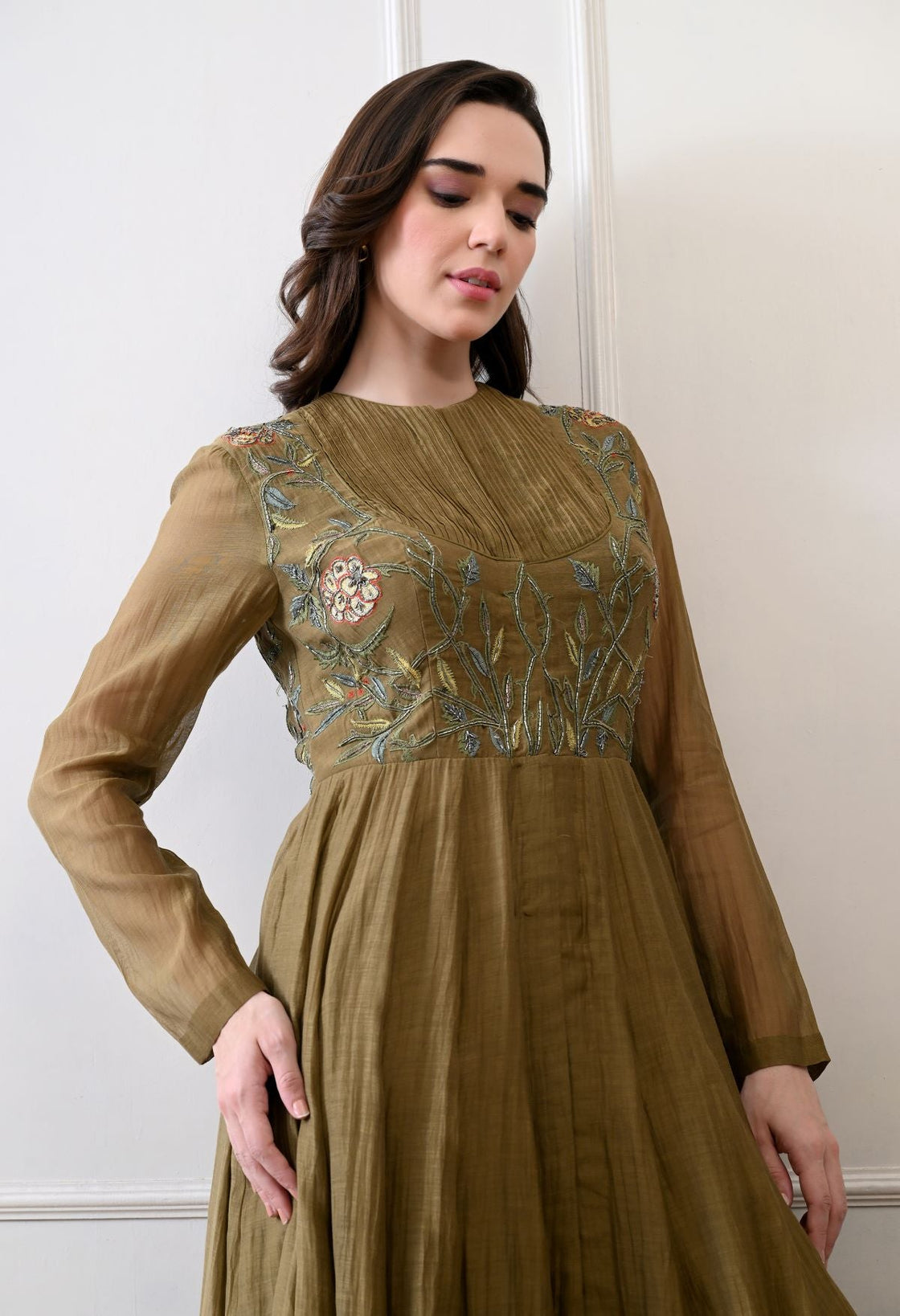 A sophisticated long olive dress showcasing subtle floral embroidery - samantchauhan Apparel & Accessories