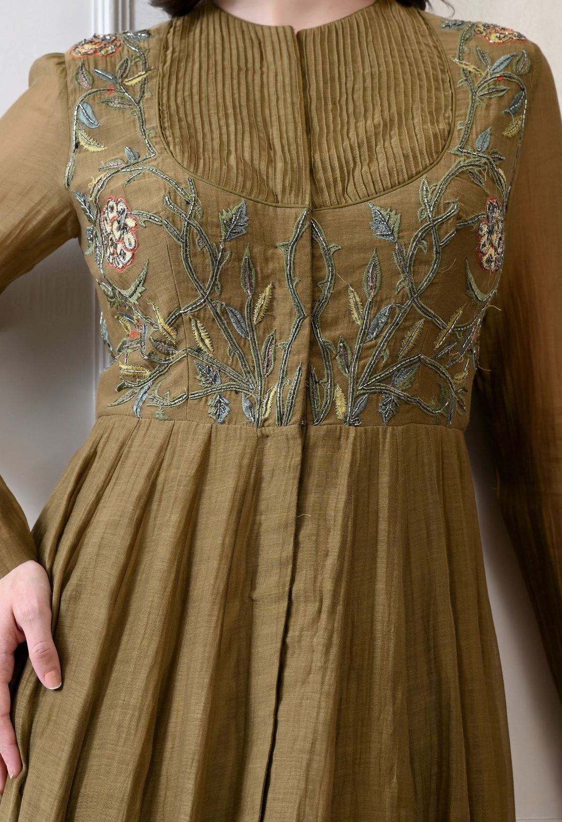 A sophisticated long olive dress showcasing subtle floral embroidery - samantchauhan Apparel & Accessories