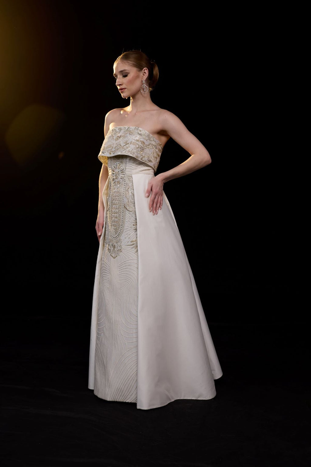 A sophisticated strapless gown showcases intricate gold embroidery - samantchauhan Apparel & Accessories