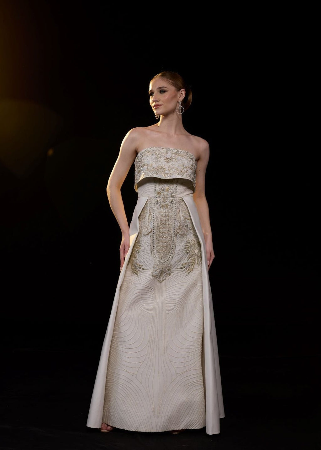 A sophisticated strapless gown showcases intricate gold embroidery - samantchauhan Apparel & Accessories