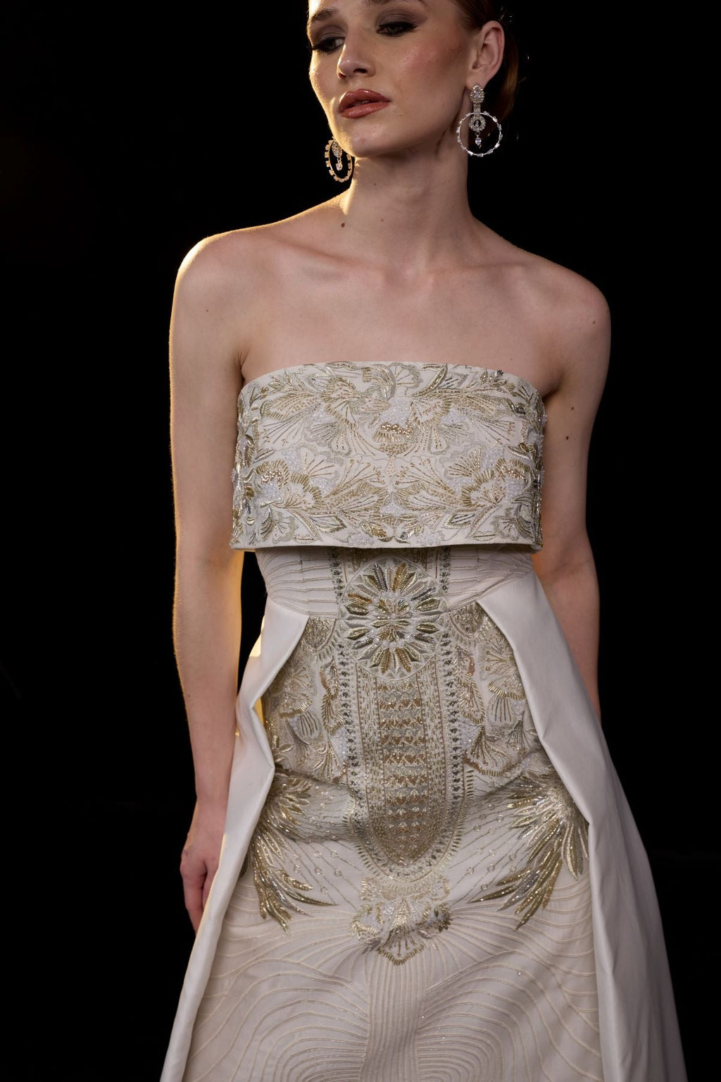 A sophisticated strapless gown showcases intricate gold embroidery - samantchauhan Apparel & Accessories