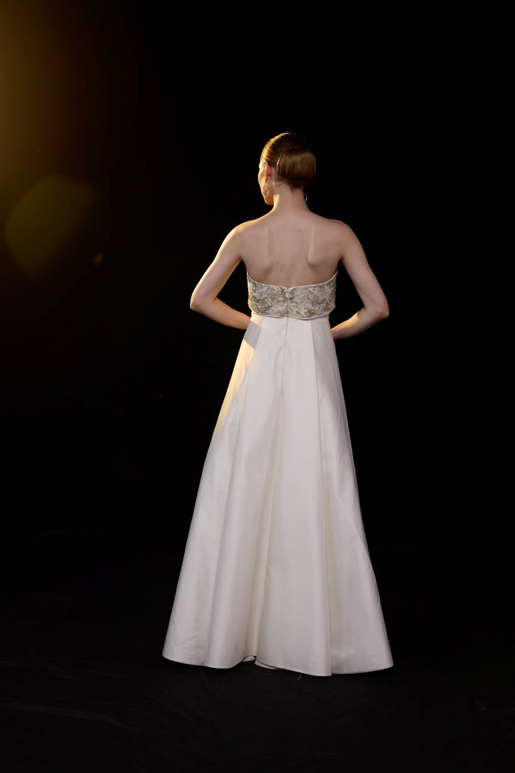 A sophisticated strapless gown showcases intricate gold embroidery - samantchauhan Apparel & Accessories