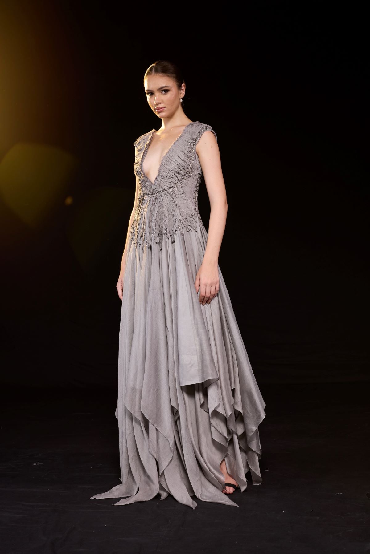 A striking grey gown features a deep V - neckline and delicately ruched bodice - samantchauhan Apparel & Accessories