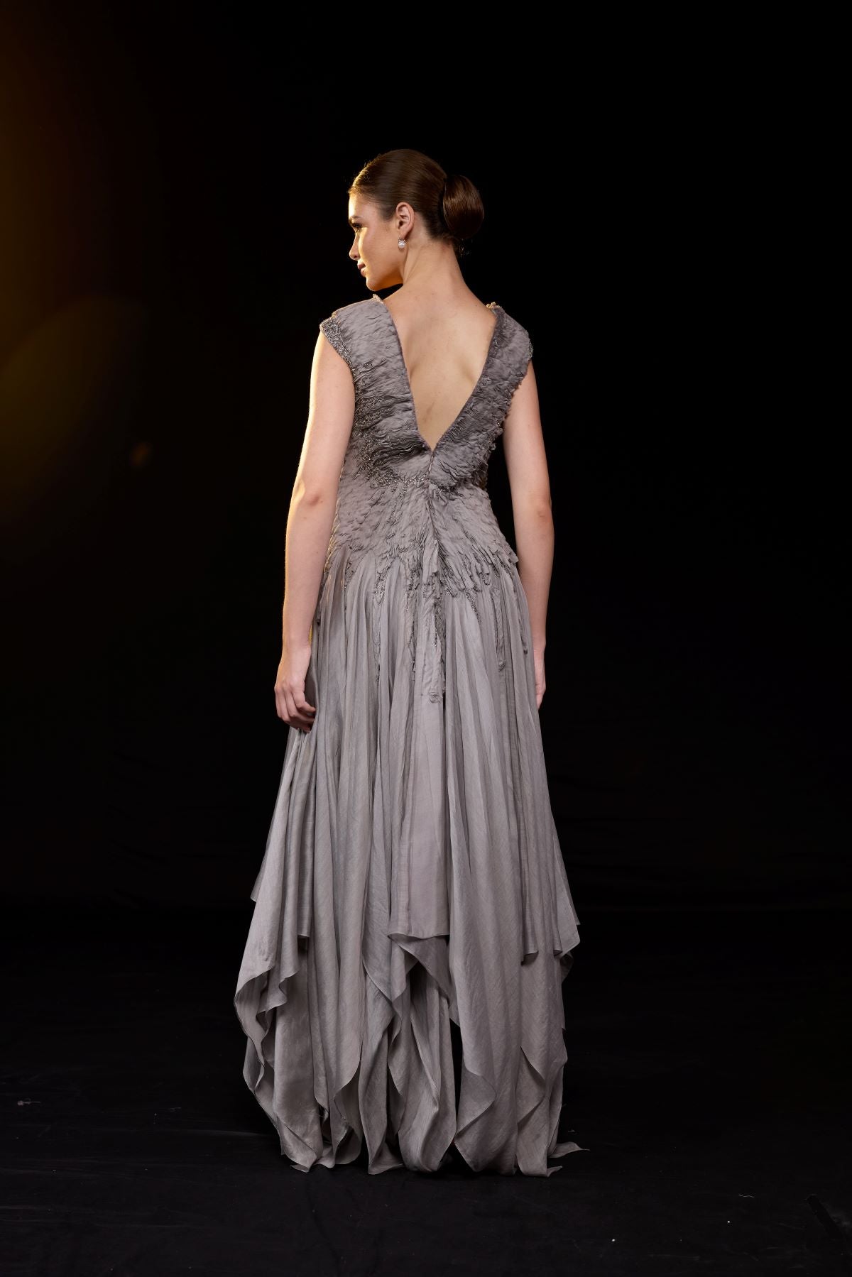 A striking grey gown features a deep V - neckline and delicately ruched bodice - samantchauhan Apparel & Accessories