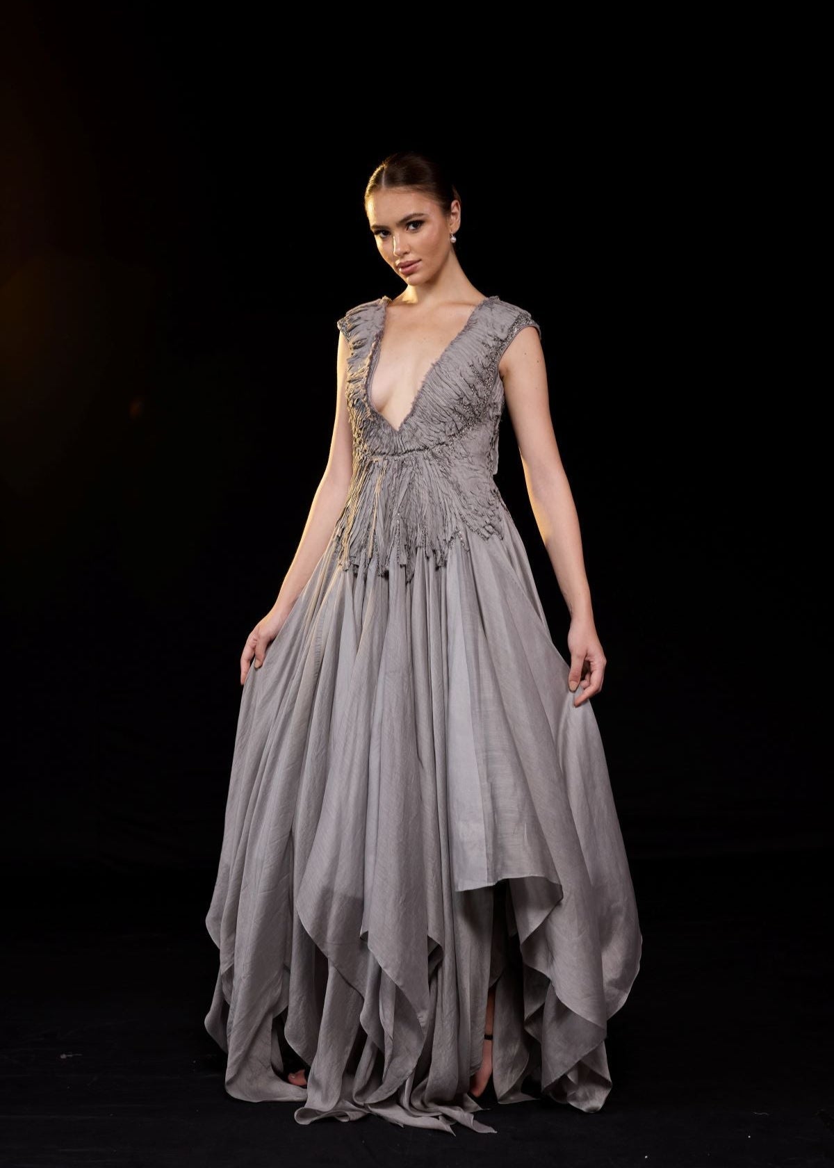 A striking grey gown features a deep V - neckline and delicately ruched bodice - samantchauhan Apparel & Accessories