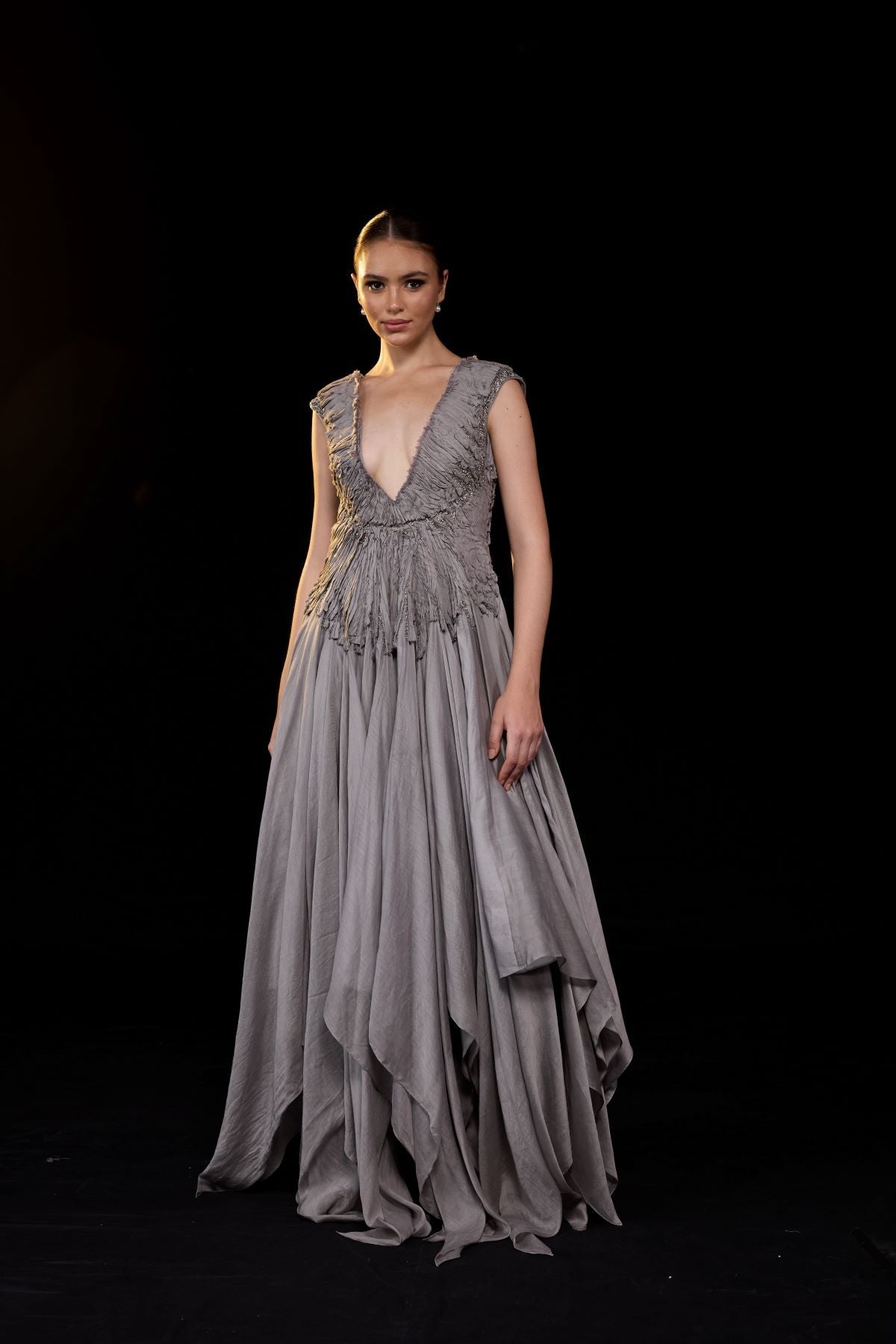 A striking grey gown features a deep V - neckline and delicately ruched bodice - samantchauhan Apparel & Accessories