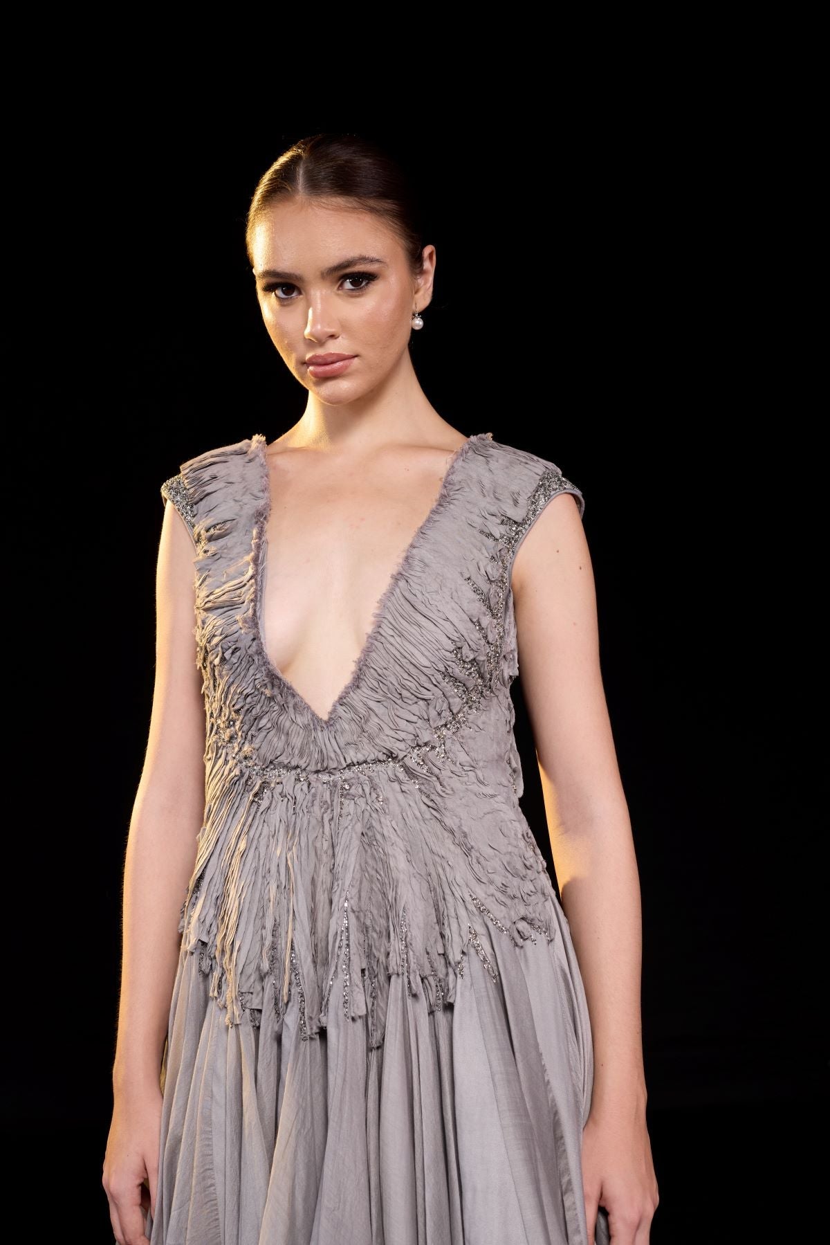 A striking grey gown features a deep V - neckline and delicately ruched bodice - samantchauhan Apparel & Accessories