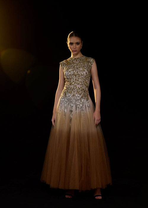 A stunning ombré tulle gown featuring intricate gold and silver leaf embroidery on the bodice. - samantchauhan Apparel & Accessories