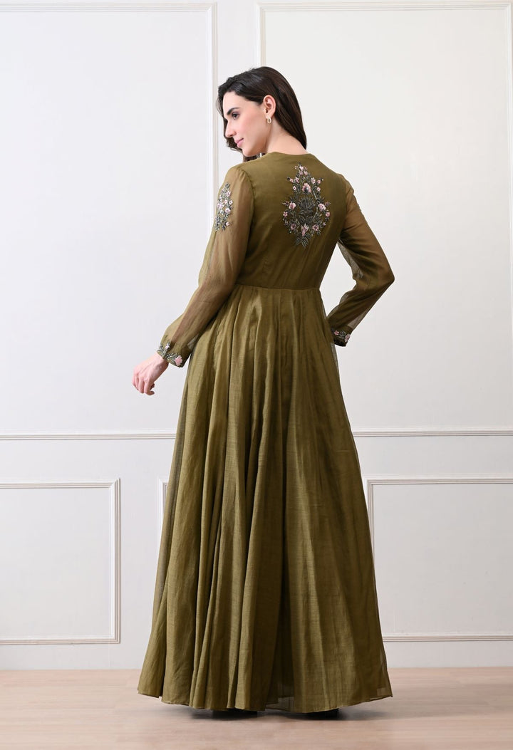 An elegant olive gown with exquisite floral and ornate embroidery - samantchauhan Apparel &amp; Accessories