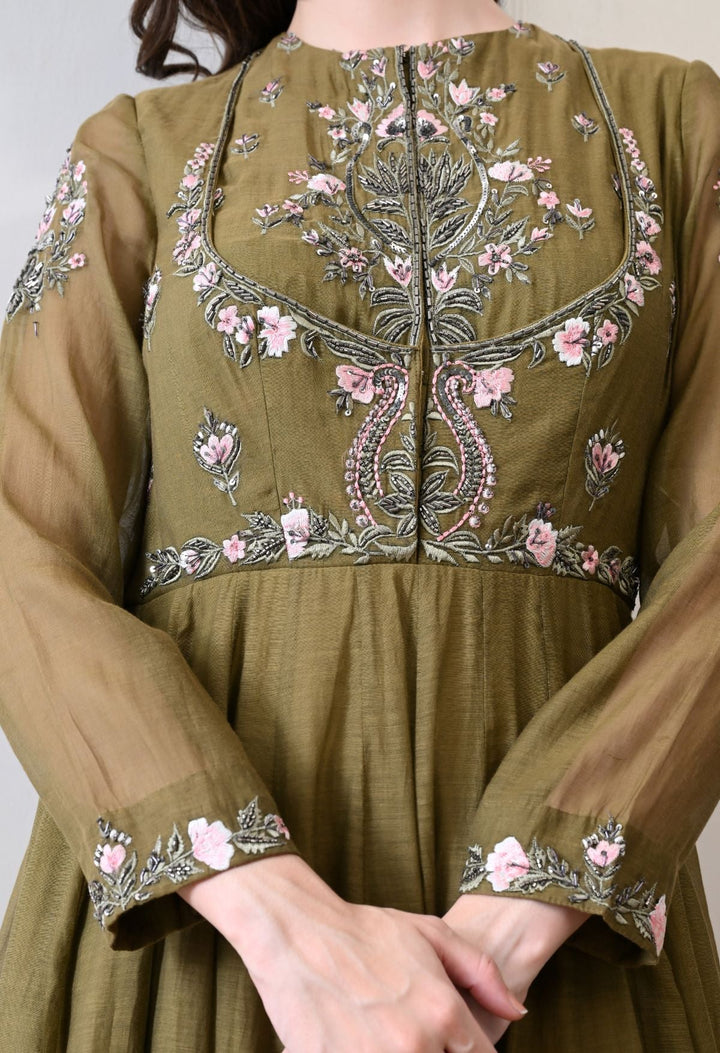 An elegant olive gown with exquisite floral and ornate embroidery - samantchauhan Apparel &amp; Accessories