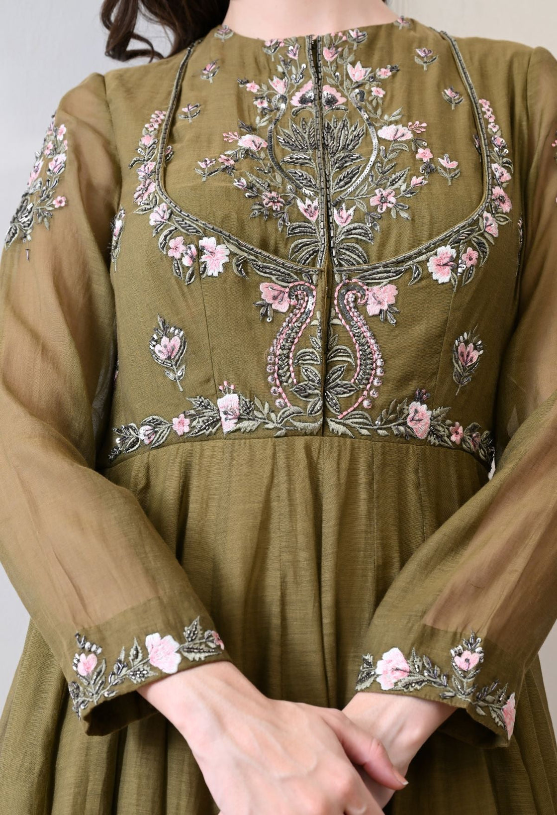An elegant olive gown with exquisite floral and ornate embroidery - samantchauhan Apparel & Accessories