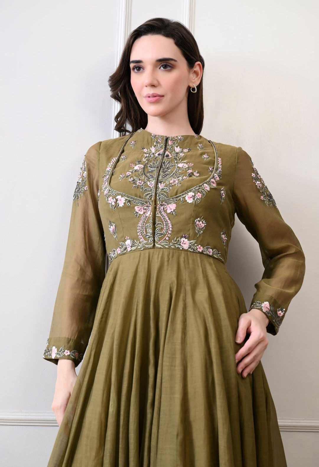 An elegant olive gown with exquisite floral and ornate embroidery - samantchauhan Apparel &amp; Accessories