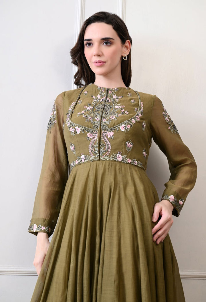 An elegant olive gown with exquisite floral and ornate embroidery - samantchauhan Apparel &amp; Accessories