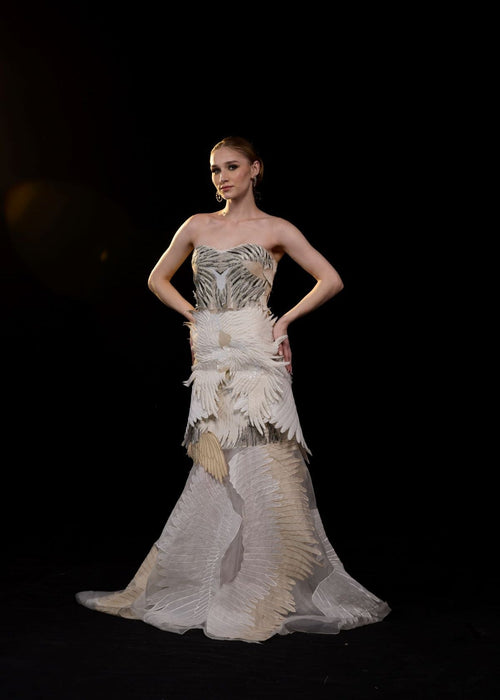 An ethereal strapless gown crafted with layered organza wings in soft ivory and beige tones - samantchauhan Apparel & Accessories