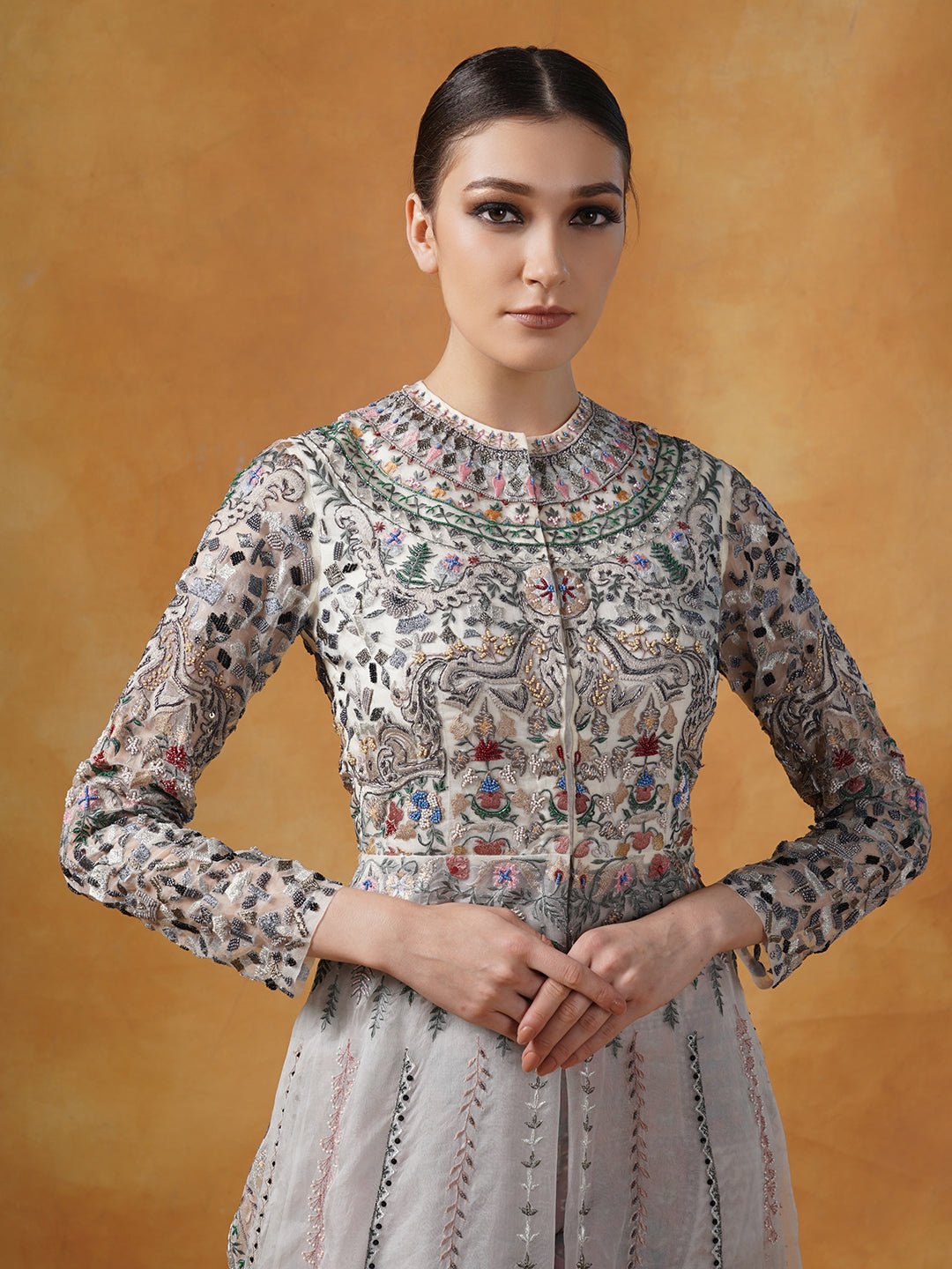 An organza jacket that is beautifully embroidered in silk yarns and pearl. - samantchauhan Apparel &amp; Accessories
