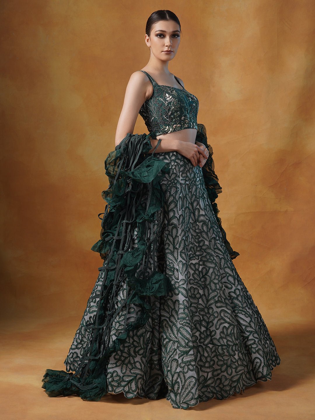An organza silk lehenga adorned in silk appliqué work and thread embroideries. - samantchauhan Apparel &amp; Accessories