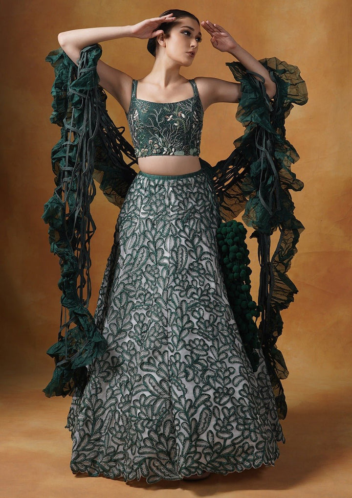 An organza silk lehenga adorned in silk appliqué work and thread embroideries. - samantchauhan Apparel &amp; Accessories