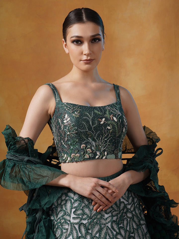 An organza silk lehenga adorned in silk appliqué work and thread embroideries. - samantchauhan Apparel &amp; Accessories