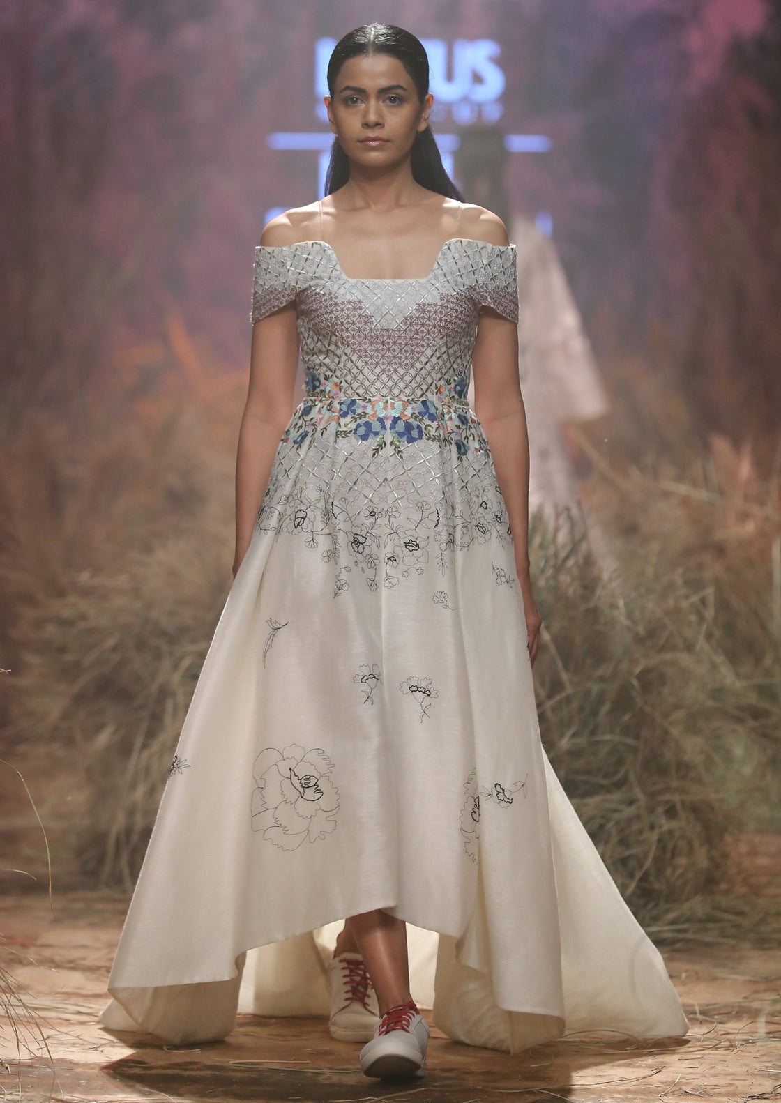 Asymmetric off - shoulder Embroidered Dress - samantchauhan