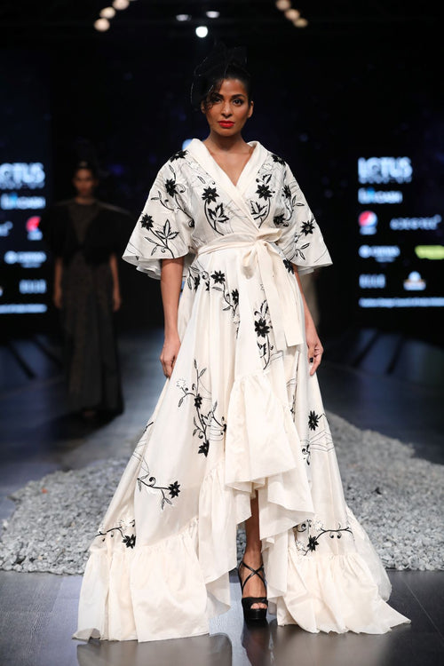 Asymmetrical overlap kaftan dress in cotton silk - samantchauhan