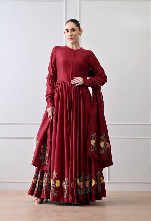 Aurelia Bloom Maroon Anarkali Set - samantchauhan Apparel & Accessories