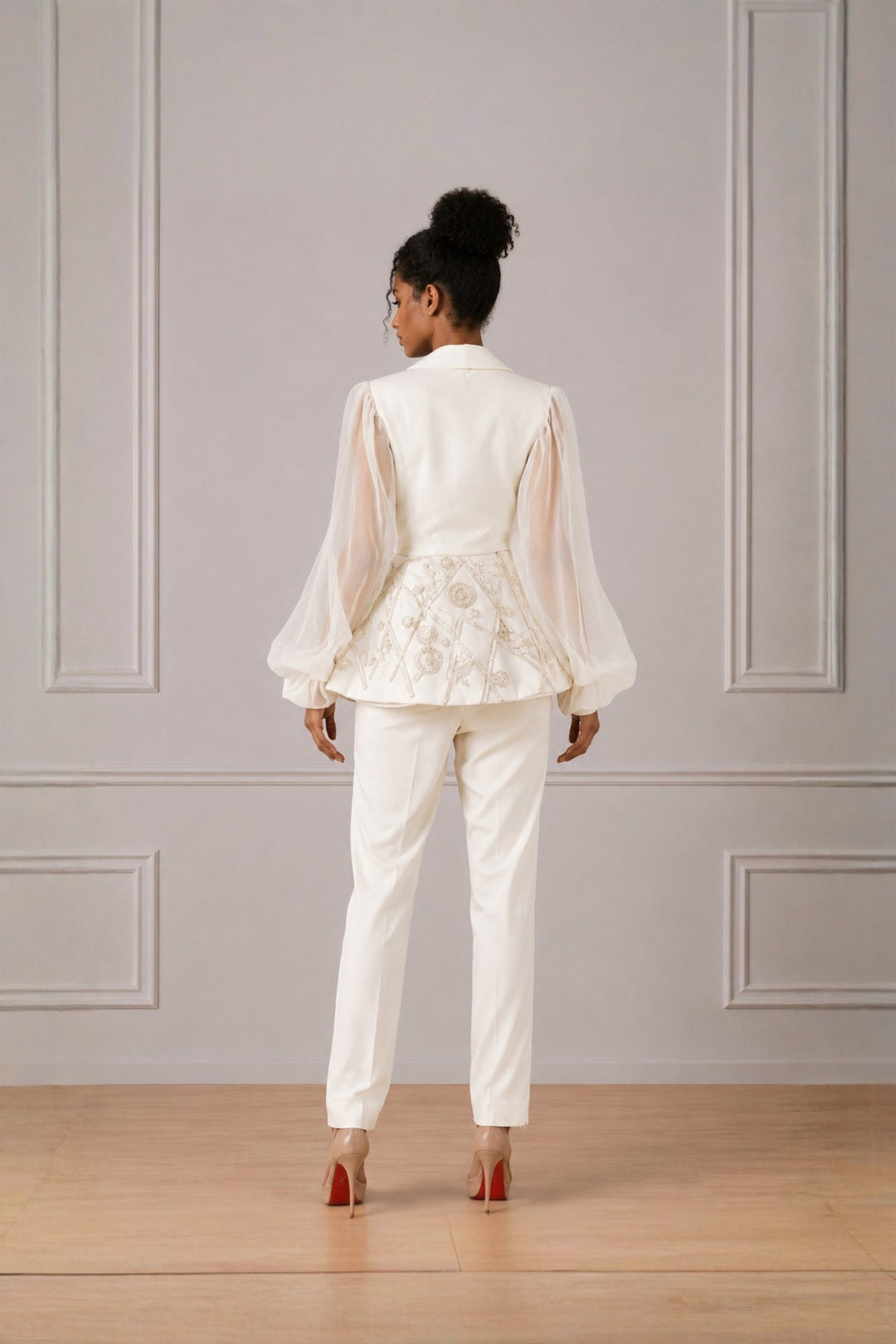 Ivory Puff Sleeve Peplum Top With Straight Pant Set