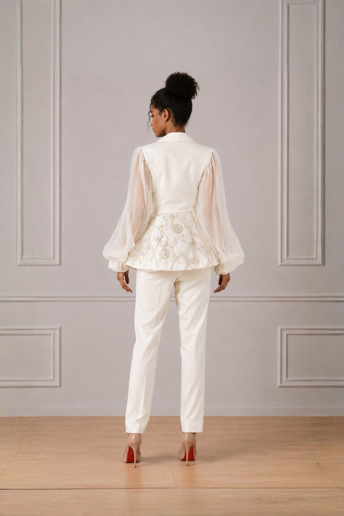 Ivory Puff Sleeve Peplum Top With Straight Pant Set