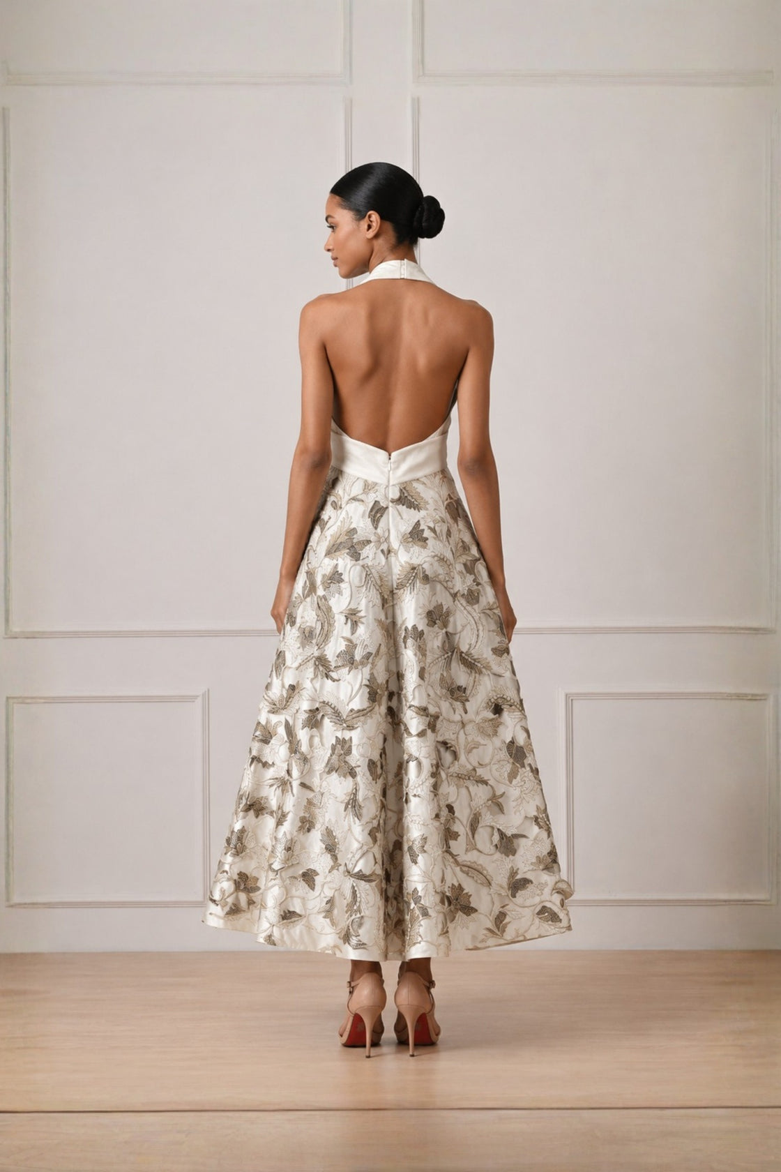 Ivory Plain Yoke With  Embroidered Flare Dress
