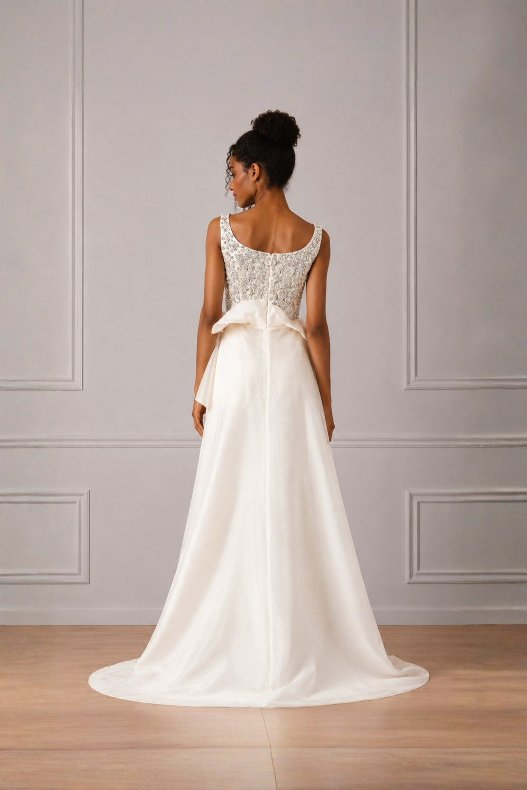 Ivory Silver Embroidered Peplum Top With Pleat Highlight And Trail Attached &amp; Straight Pant Set