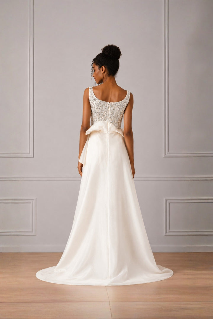 Ivory Silver Embroidered Peplum Top With Pleat Highlight And Trail Attached &amp; Straight Pant Set